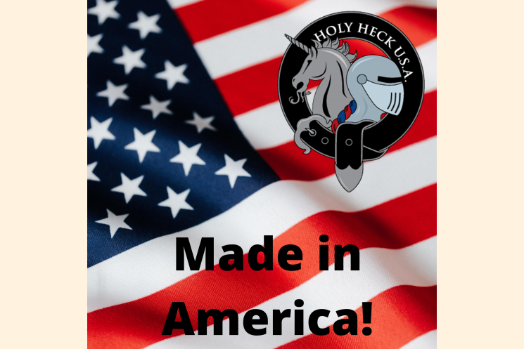 American flag with Made in America text and Holy Heck Logo