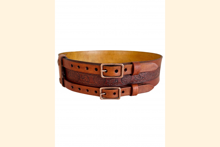 Front view of brown leather double buckle belt with Celtic knot