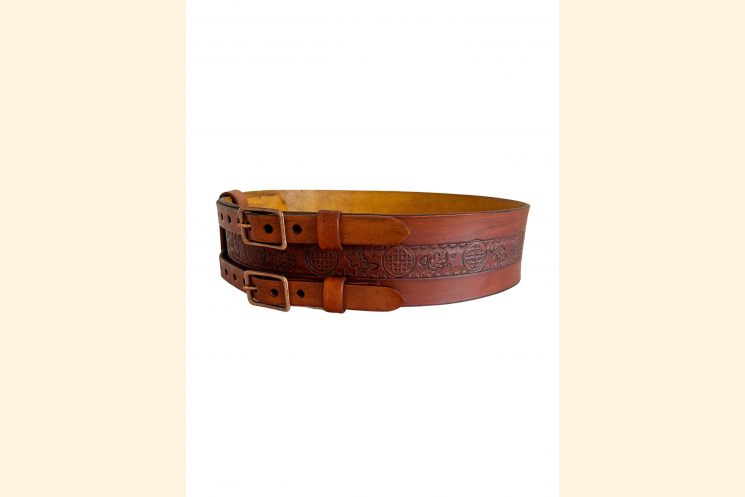 Right front view of brown leather double buckle belt with Celtic knot