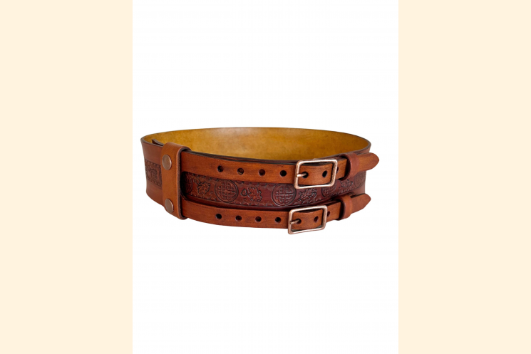Left front view of brown leather double buckle belt with Celtic knot