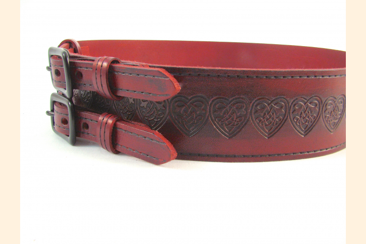 Kilt Belt Red Double Buckle Celtic Heart Knot Right Front View