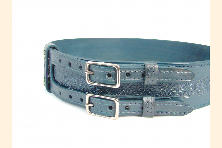 Kilt Belt Leather Blue Double Buckle with Round Celtic Cross Knot