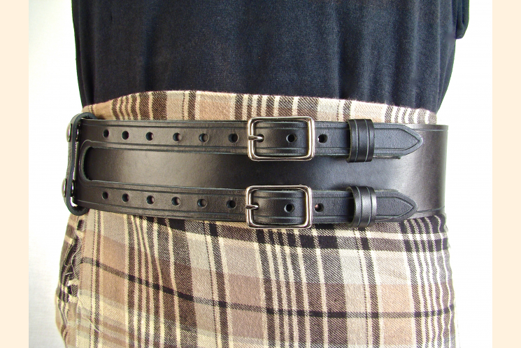 Kilt Belt Double Buckle Standard Black Front View displayed on kilt