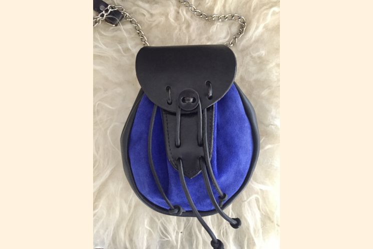 Front View of Blue Suede and Black Leather Rob Roy Style Sporran