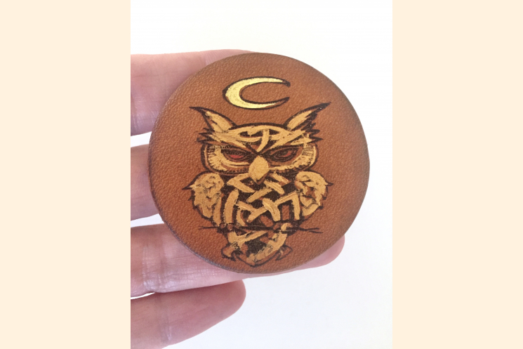 Celtic Owl Magnet Presented on Three Fingers for Scale