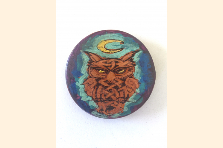 Celtic Owl Magnet with Blue and Purple Front View White Background