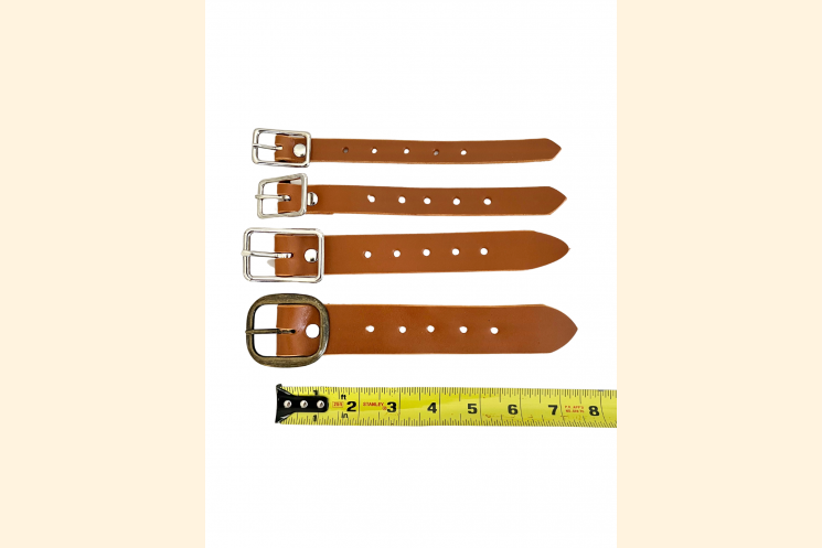 All Buckle strap sizes shown. Also displayed, nickel and antique brass hardware.
