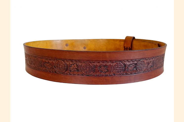 Wide leather Belt back side displaying Celtic knots and oak leaves
