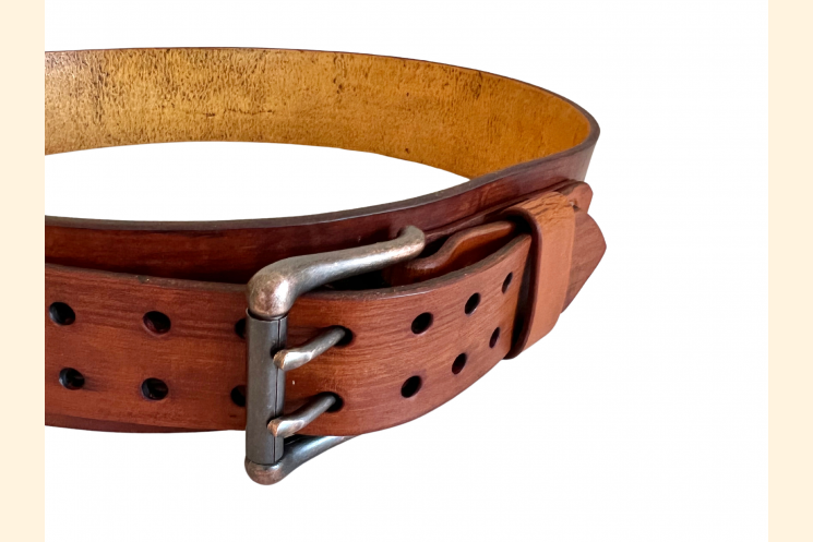 Wide leather Belt left front displaying double prong antique copper buckle