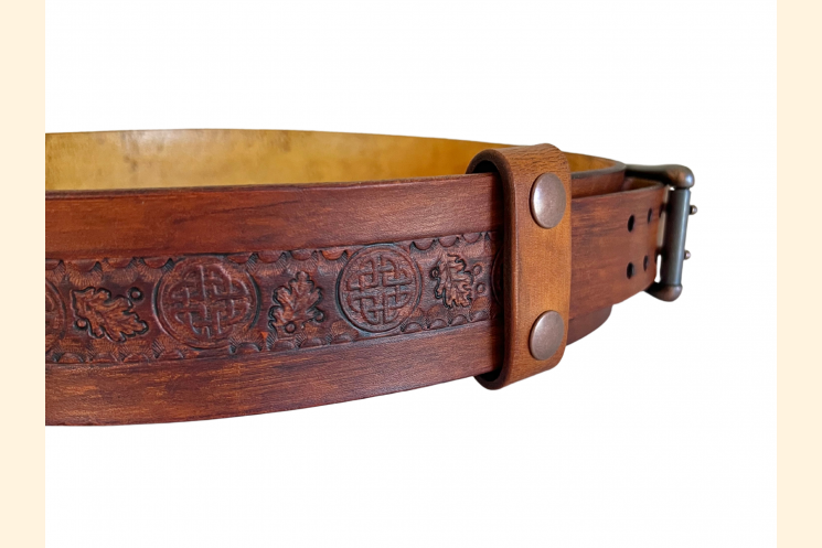 Wide leather Belt left side displaying Celtic knots and snap keeper