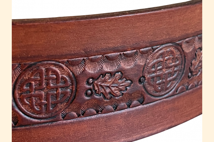 Wide leather Belt displaying hand stamped Celtic knots and leaf pattern detail