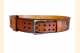 Wide leather Belt front displaying double prong antique copper buckle