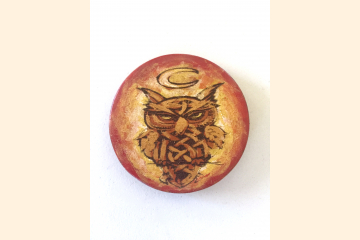 Celtic Owl Magnet with Orange and Yellow on White Background