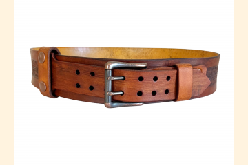 Wide leather Belt front displaying double prong antique copper buckle