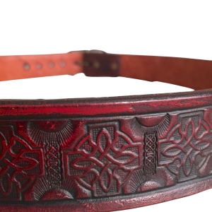 Red Leather Belt, Celtic Knot, Antique Brass Buckle, 1.25 inch wide