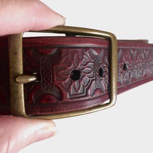 Red Leather Belt, Celtic Knot, Antique Brass Buckle, 1.25 inch wide