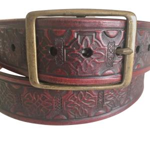 Red Leather Belt, Celtic Knot, Antique Brass Buckle, 1.25 inch wide