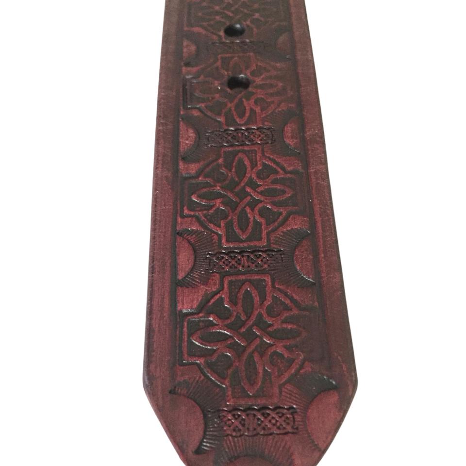 Red Leather Belt, Celtic Knot, Antique Brass Buckle, 1.25 inch wide