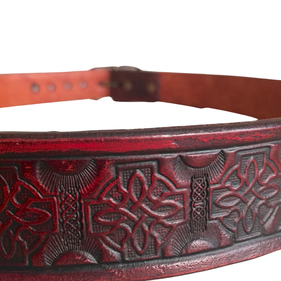 Red Leather Belt, Celtic Knot, Antique Brass Buckle, 1.25 inch wide