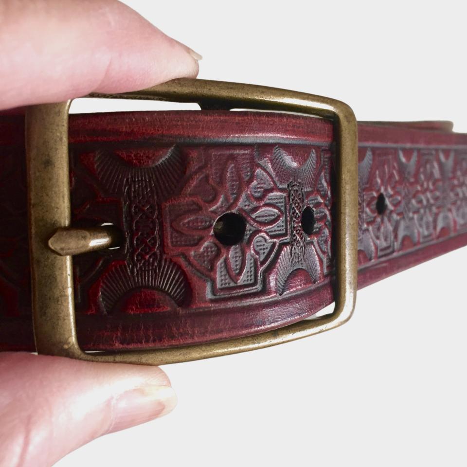 Red Leather Belt, Celtic Knot, Antique Brass Buckle, 1.25 inch wide