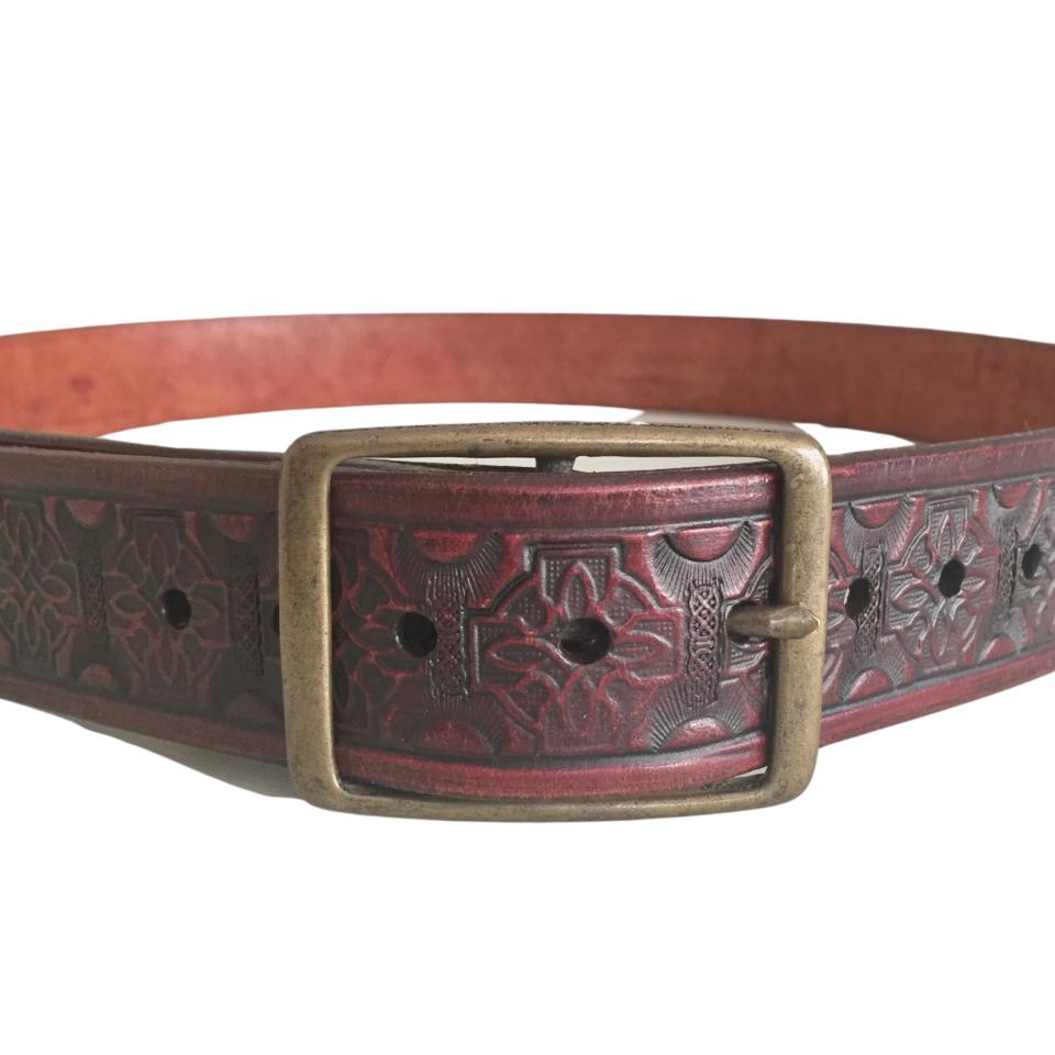 Red Leather Belt, Celtic Knot, Antique Brass Buckle, 1.25 inch wide