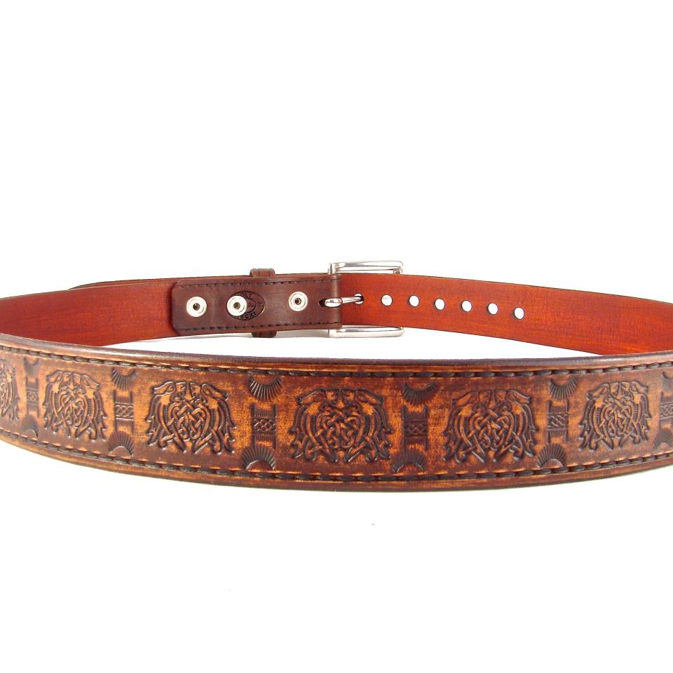 Belt Leather Brown Celtic Knot Belt 1 1/2 inch Stainless Steel Buckle