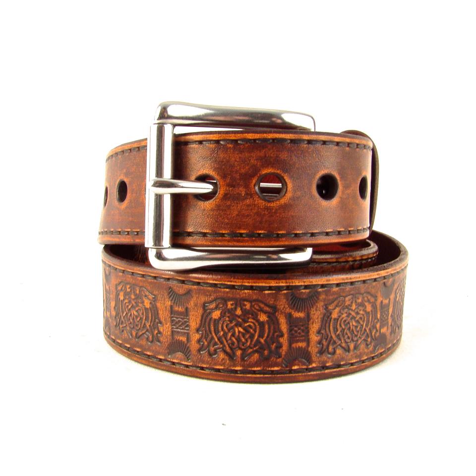 Belt Leather Brown Celtic Knot Belt 1 1/2 inch Stainless Steel Buckle
