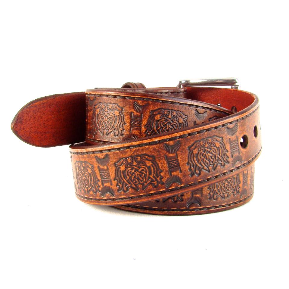 Belt Leather Brown Celtic Knot Belt 1 1/2 inch Stainless Steel Buckle