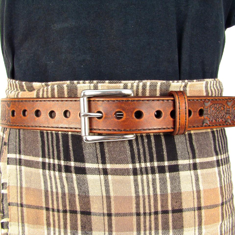 Belt Leather Brown Celtic Knot Belt 1 1/2 inch Stainless Steel Buckle