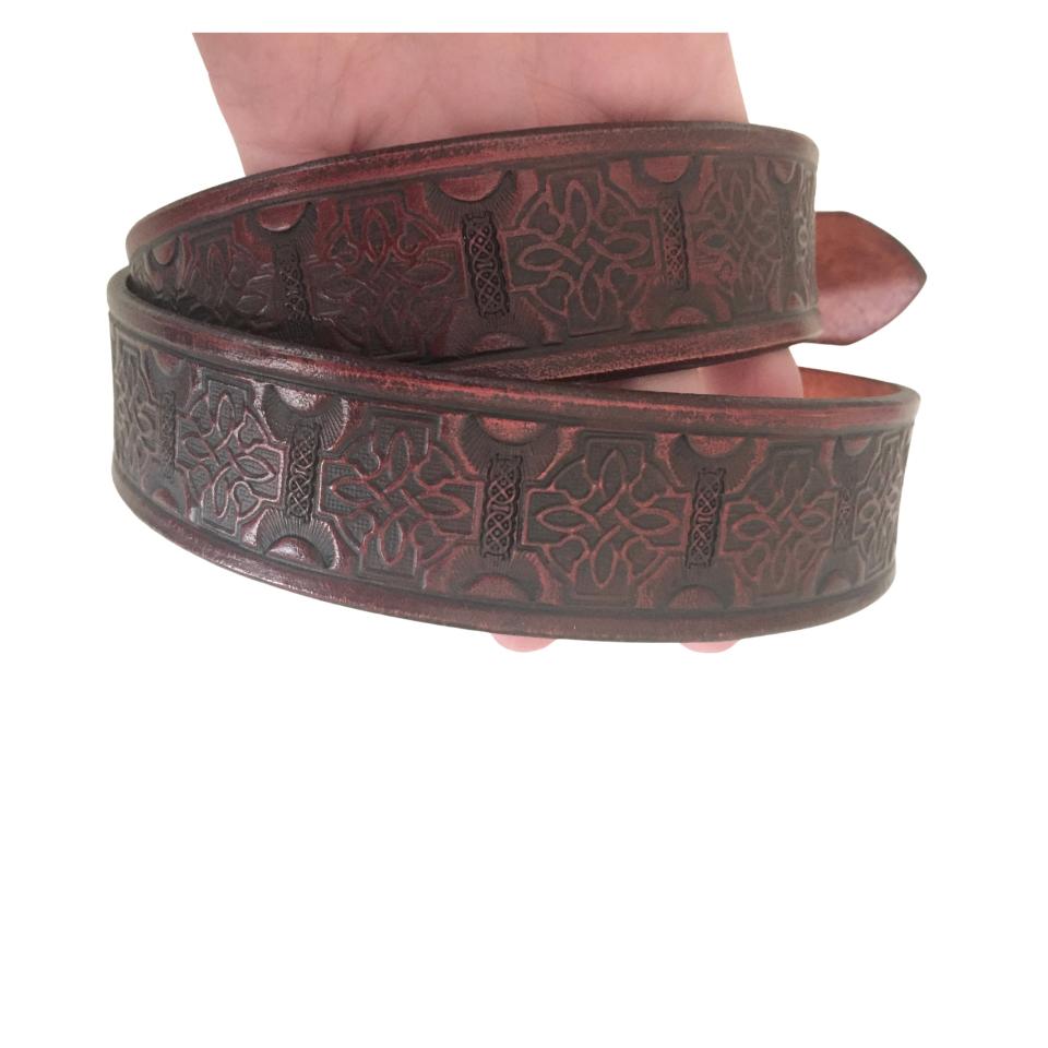 Red Leather Belt, Celtic Knot, Antique Brass Buckle, 1.25 inch wide