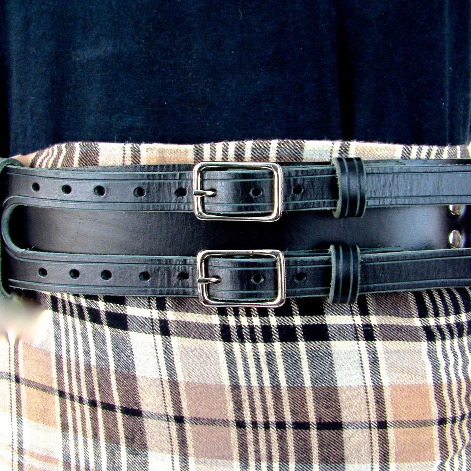 Kilt Belt Double Buckle Belt Black Leather Storage Loop D Ring Combo Belt