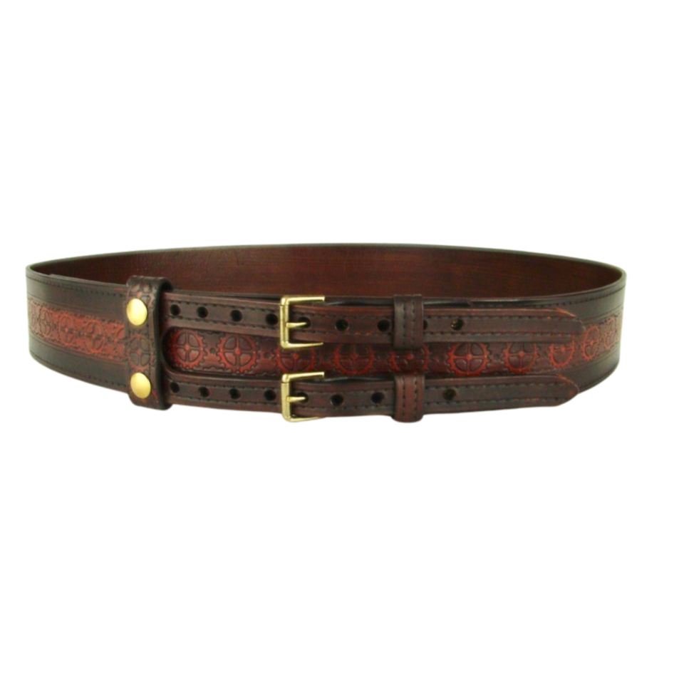 Double Buckle Kilt Belt with Steampunk Sprocket Gear Design, Two Toned