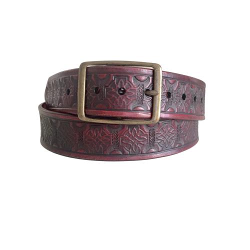 Red Leather Belt, Celtic Knot, Antique Brass Buckle, 1.25 inch wide