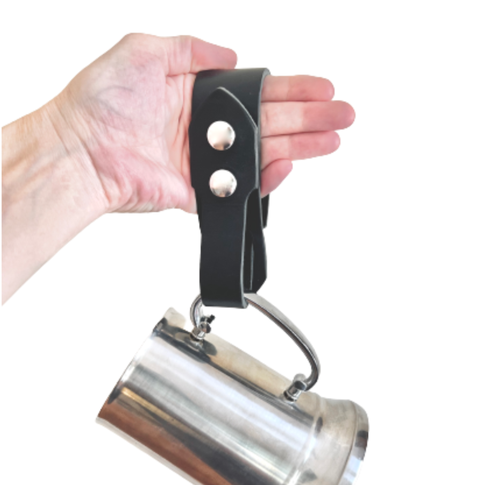 Festival Ready Tankard Strap, Black Leather and Antique Copper Snaps