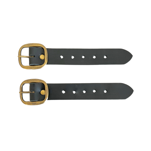 Kilt Buckle Strap Extenders for Tight Kilts, Black Leather, 1 1/4 inch width, 2 and 3 pc sets, Antique Brass